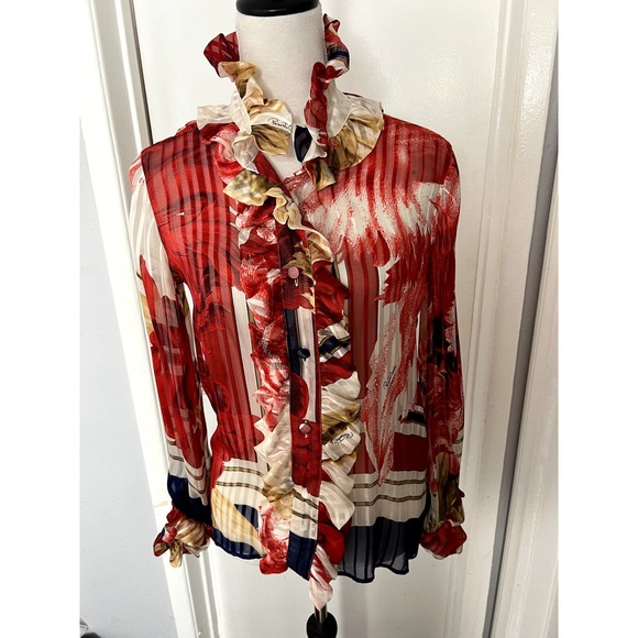 NWT Vintage '06 Roberto Cavalli Silk red blue Mousseline Ruffled Blouse Sz S - Picture 2 of 13